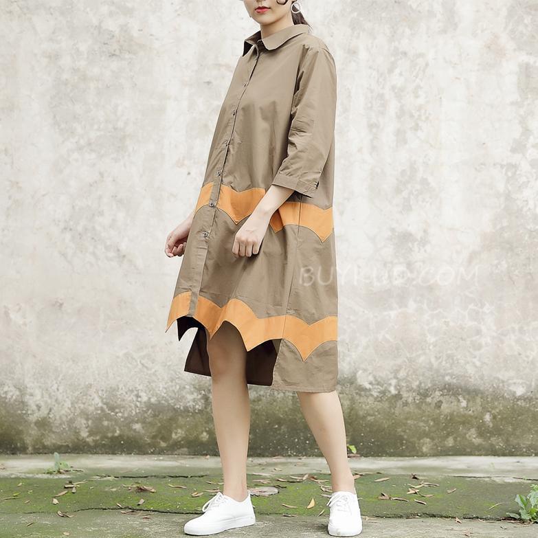 Women Vintage Casual Splicing Summer Irregular Coffee Shirt Dress - Omychic