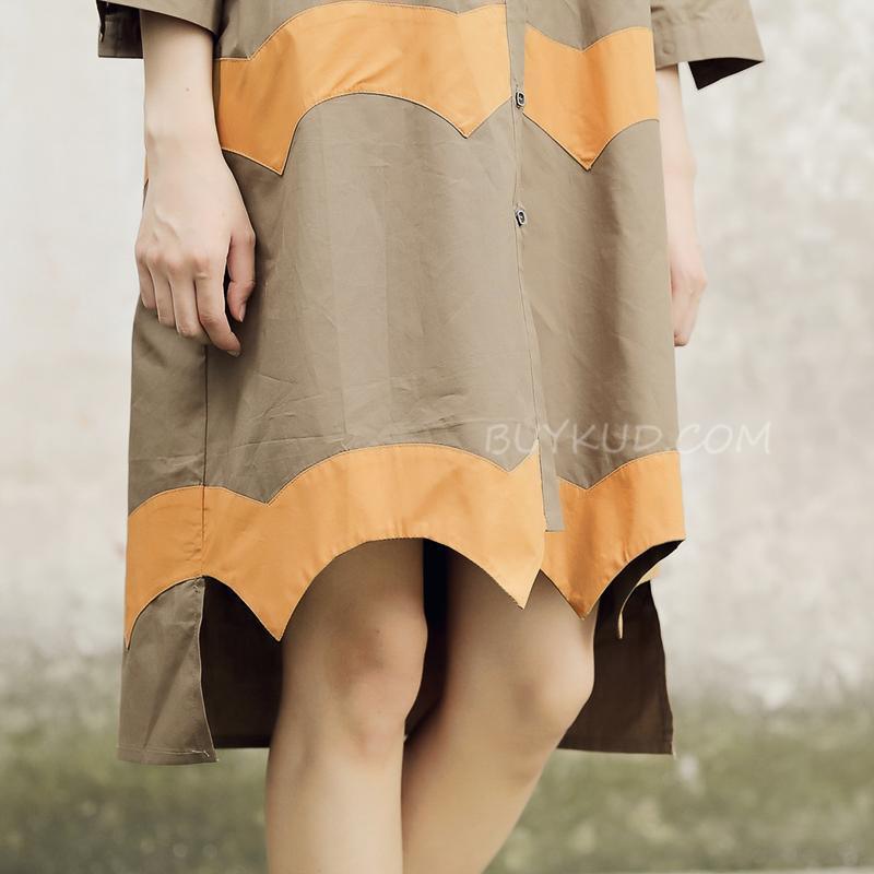 Women Vintage Casual Splicing Summer Irregular Coffee Shirt Dress - Omychic