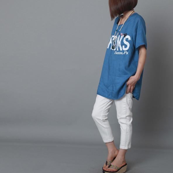 Women blue summer shirt linen blouse oversize top - Omychic