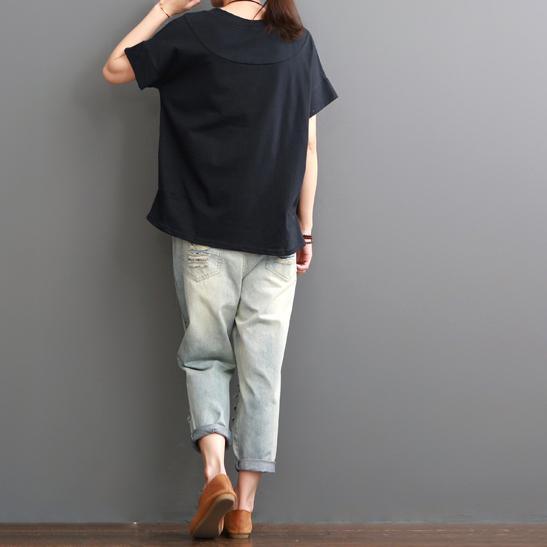 Women navy cotton blouse short sleeve shirt juice print - Omychic