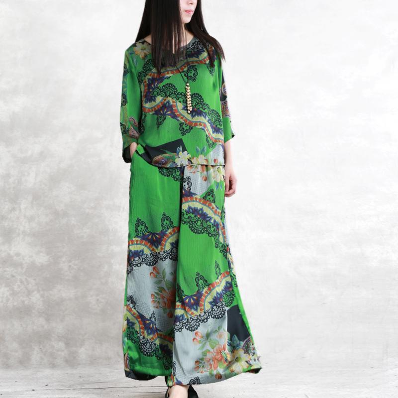 Women's 2019 green print summer silk art suit loose drape fashion two-piece - Omychic