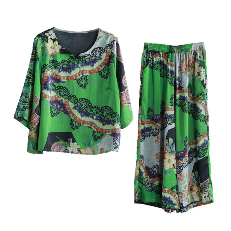 Women's 2019 green print summer silk art suit loose drape fashion two-piece - Omychic