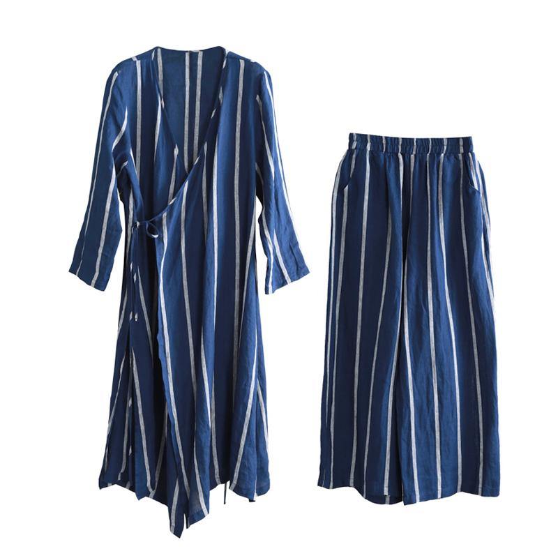 Women's Spring Retro Linen Set Blue Striped Loose Lace Diagonal Lapel Casual Two-Piece Set - Omychic