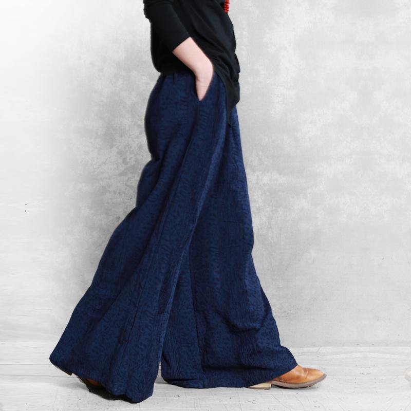 Women's cotton and linen loose casual pants dark blue jacquard wild mouth wide leg pants - Omychic