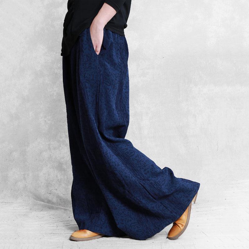 Women's cotton and linen loose casual pants dark blue jacquard wild mouth wide leg pants - Omychic