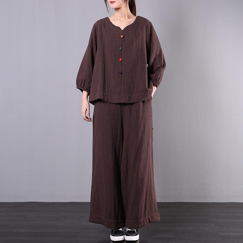 Women's early 2020 new large size chocolate striped cotton and linen was thin wide-leg pants two-piec - Omychic