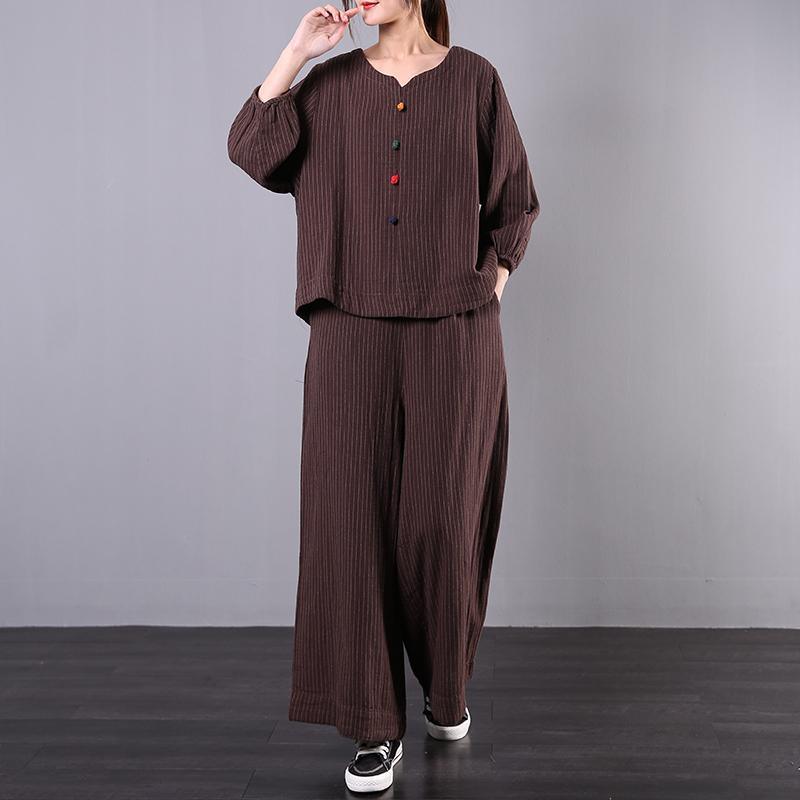 Women's early 2020 new large size chocolate striped cotton and linen was thin wide-leg pants two-piec - Omychic