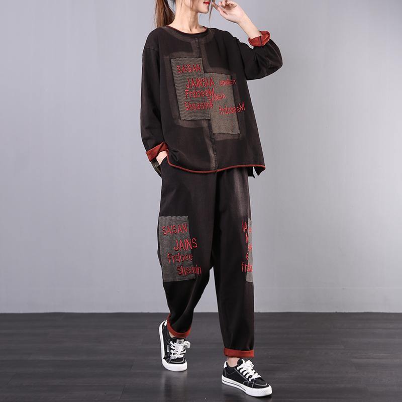 Women's loose large size was thin black embroidered casual sports suit - Omychic
