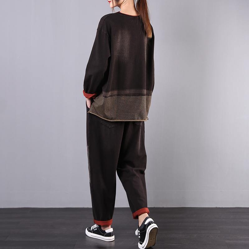 Women's loose large size was thin black embroidered casual sports suit - Omychic