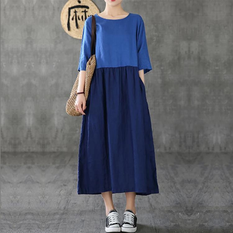 Women Patchwork Half Sleeve Linen Dresses Fashion Ideas Blue Dress Summer ( Limited Stock) - Omychic