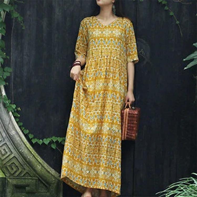 Women v neck tie waist cotton clothes Women Boho pattern yellow print Kaftan Dress Summer - Omychic