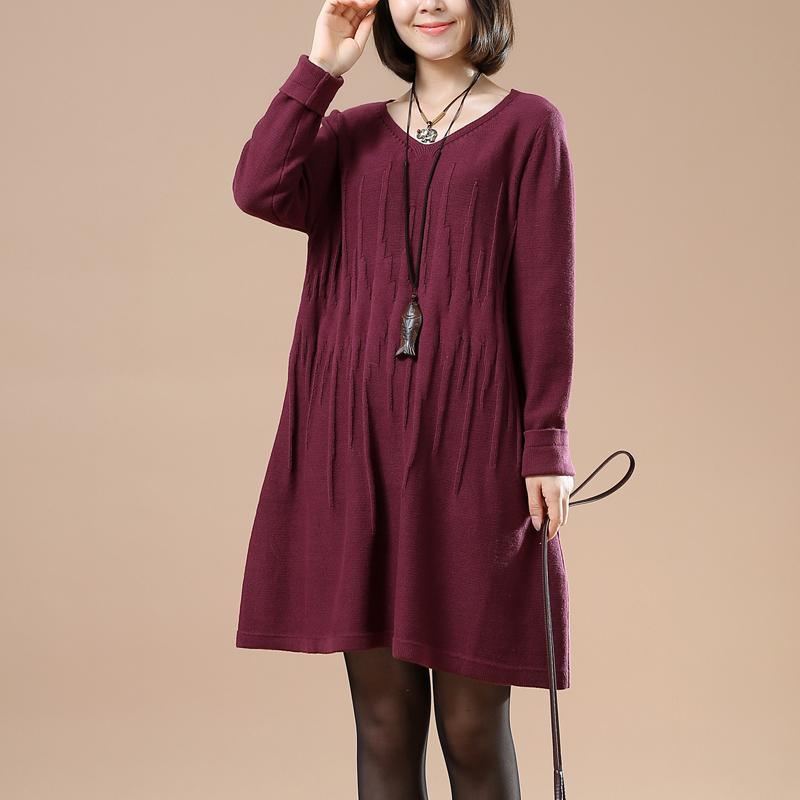 Wrinkled sweaters women knit winter dresses in burgundy - Omychic