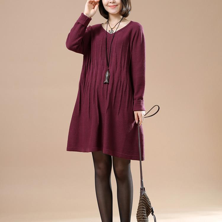 Wrinkled sweaters women knit winter dresses in burgundy - Omychic