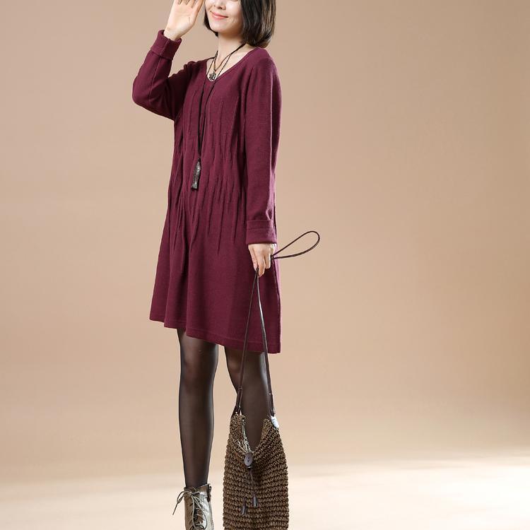 Wrinkled sweaters women knit winter dresses in burgundy - Omychic