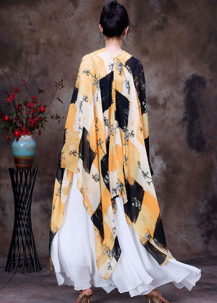 Yellow Black Print Chiffon UPF 50+ Top Asymmetrical Design Batwing Sleeve