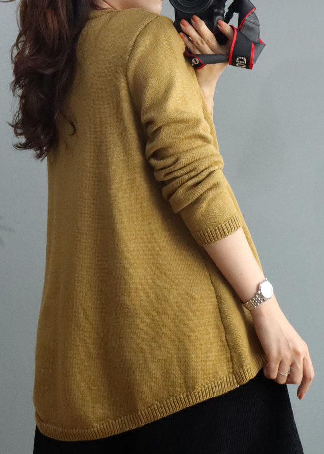 Yellow Button Knitted Tops Cinched Winter