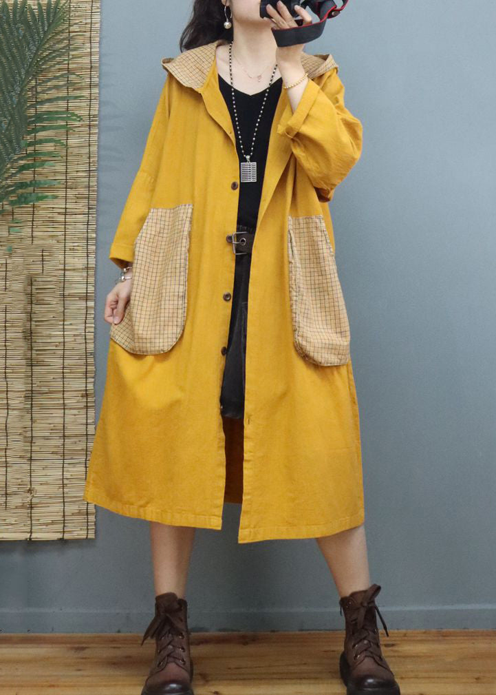 Yellow Button Patchwork Long Cotton Coats Hooded Long Sleeve