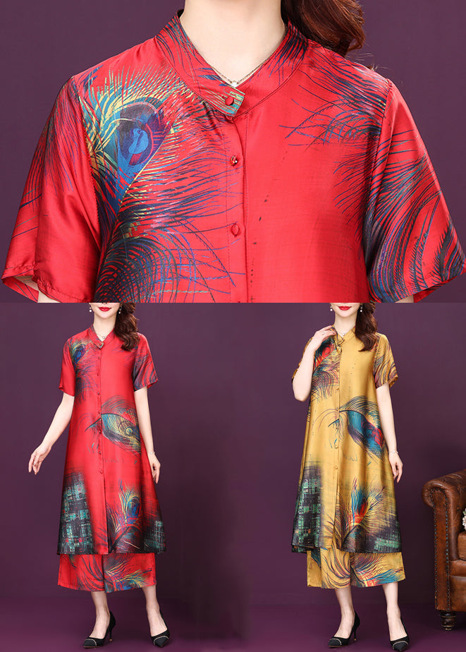 Yellow Button Print Silk Shirt Top And Pants Women Sets Two Pieces High Waist Summer