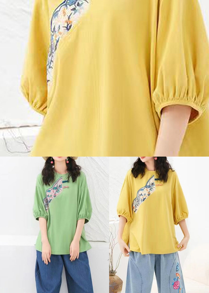 Yellow Cotton T Shirt Top Asymmetrical Embroideried Summer