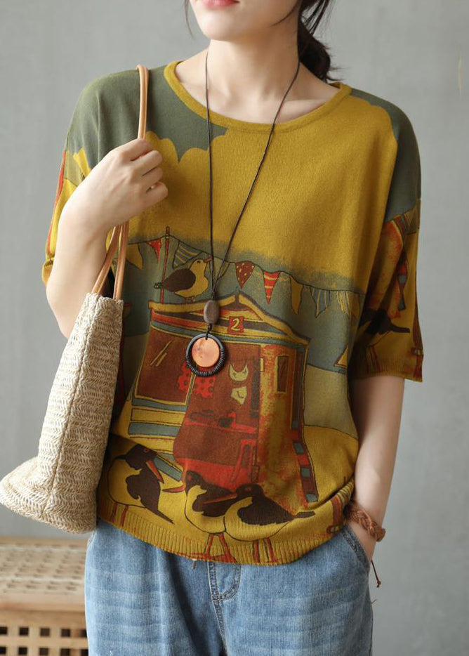 Yellow Cozy Patchwork Cotton Knit Top O Neck Short Sleeve
