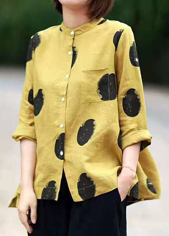 Orange yellow-flower Print Patchwork Linen Top Button Stand Collar Summer