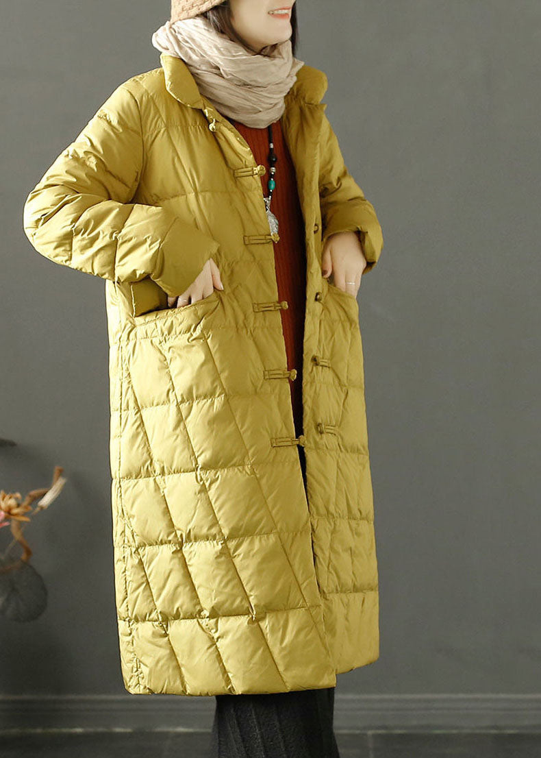 Yellow Duck Down Puffer Jacket Stand Collar Oriental Button Winter