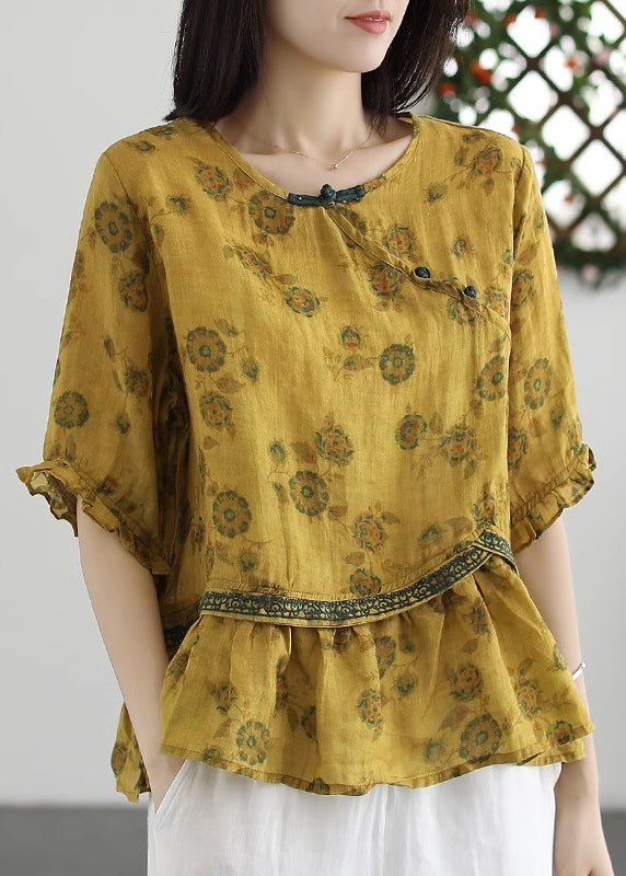 Yellow Embroideried Wrinkled Patchwork Cotton Tops O Neck Summer