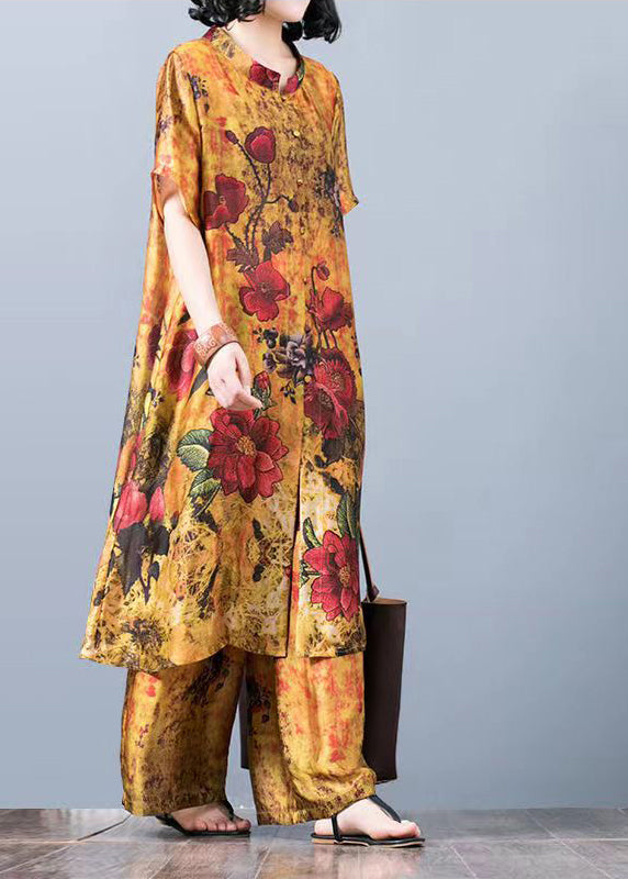 Yellow Floral Loose Silk Long Tops And Wide Leg Pants Two Pieces Set Short Sleeve
