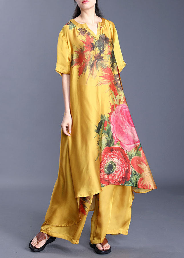 Yellow Floral Print Silk Two Piece Set Asymmetrical Design Short Sleeve