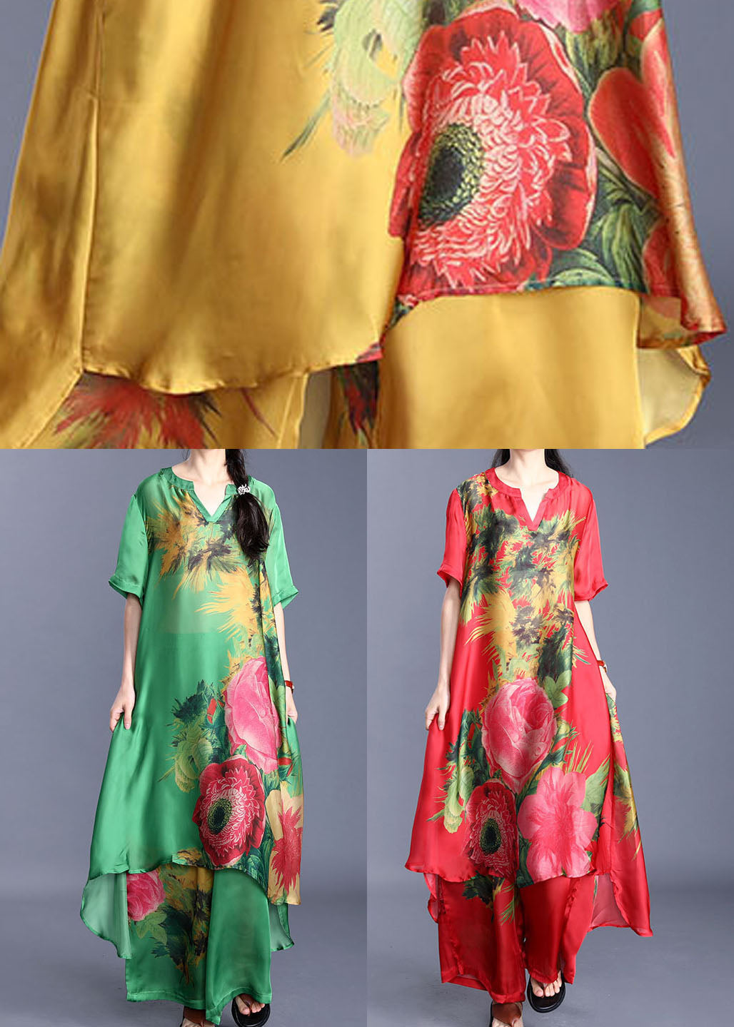 Yellow Floral Print Silk Two Piece Set Asymmetrical Design Short Sleeve