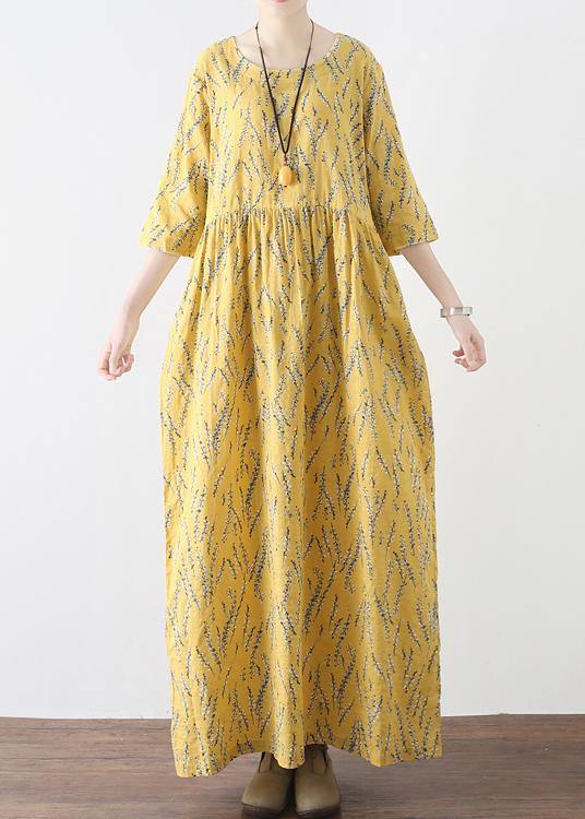 Yellow High Waist Print Loose Half Sleeve Cotton Linen Dress - Omychic