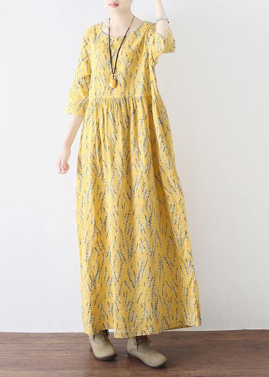 Yellow High Waist Print Loose Half Sleeve Cotton Linen Dress - Omychic