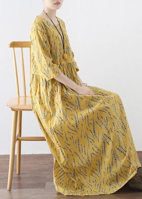 Yellow High Waist Print Loose Half Sleeve Cotton Linen Dress - Omychic