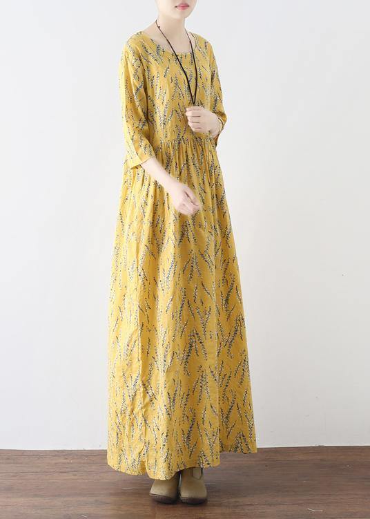 Yellow High Waist Print Loose Half Sleeve Cotton Linen Dress - Omychic