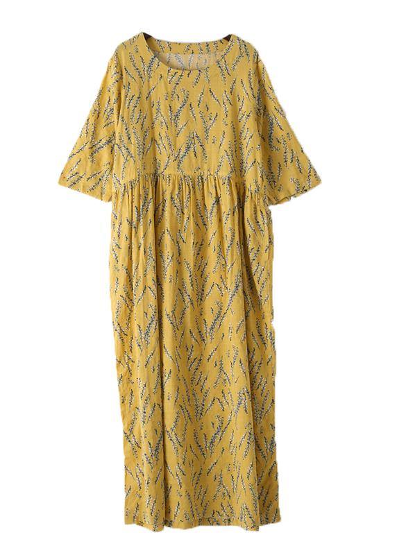 Yellow High Waist Print Loose Half Sleeve Cotton Linen Dress - Omychic