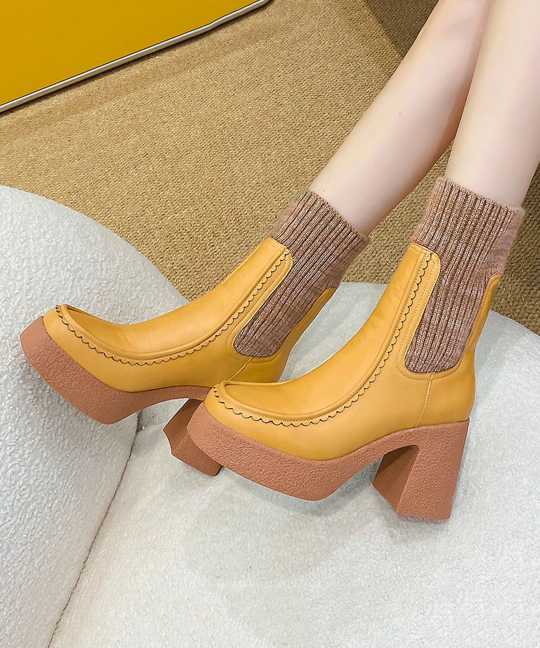 Yellow Knit Fabric Splicing Cowhide Leather Chunky Heel Boots