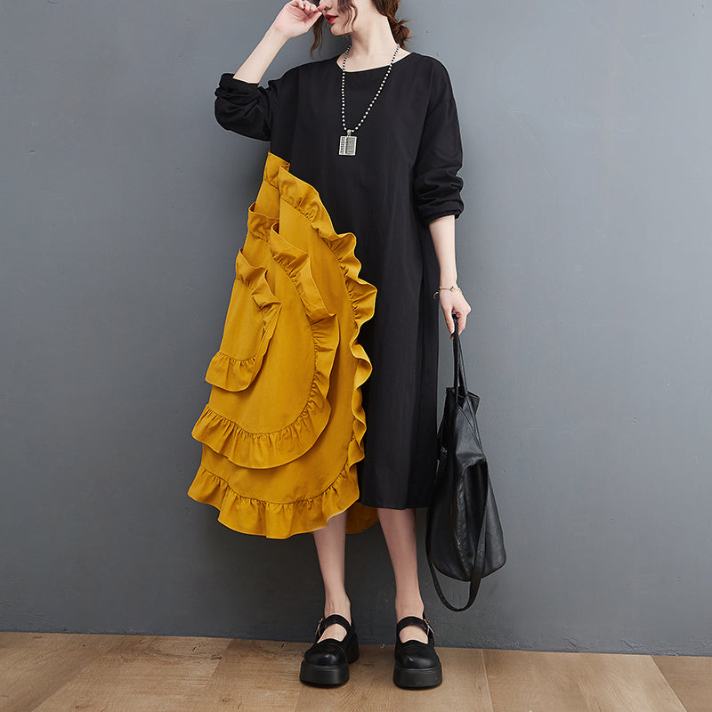 Yellow Loose Maxi Dresses Wrinkled Ruffles Long Sleeve - Omychic