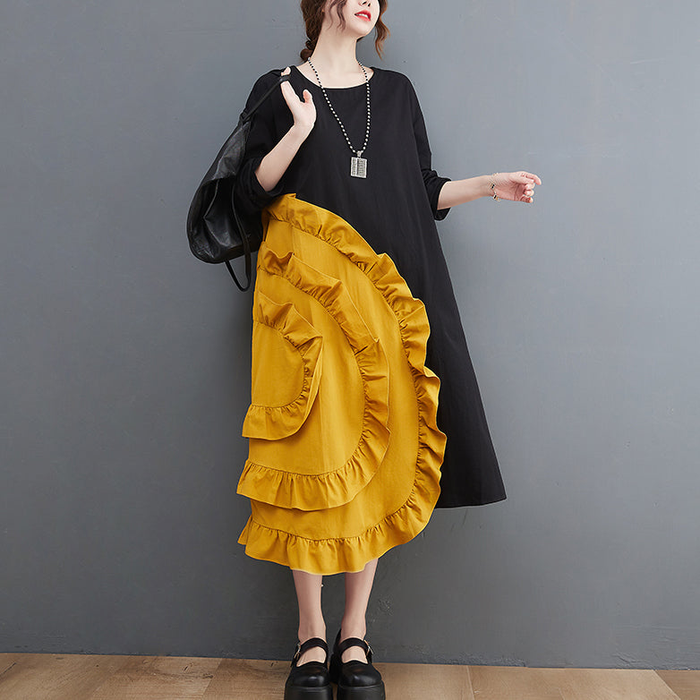 Yellow Loose Maxi Dresses Wrinkled Ruffles Long Sleeve - Omychic
