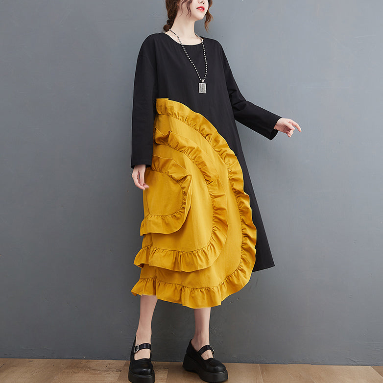 Yellow Loose Maxi Dresses Wrinkled Ruffles Long Sleeve - Omychic