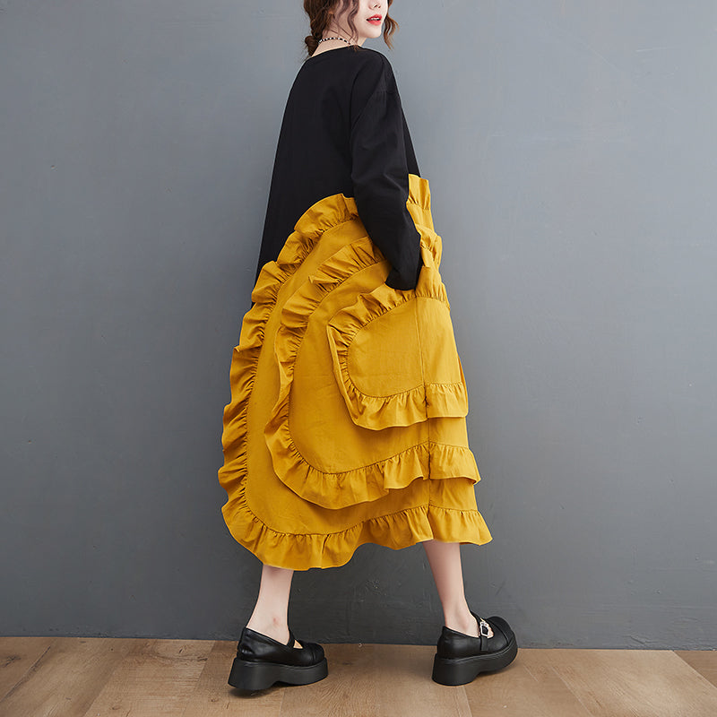 Yellow Loose Maxi Dresses Wrinkled Ruffles Long Sleeve - Omychic