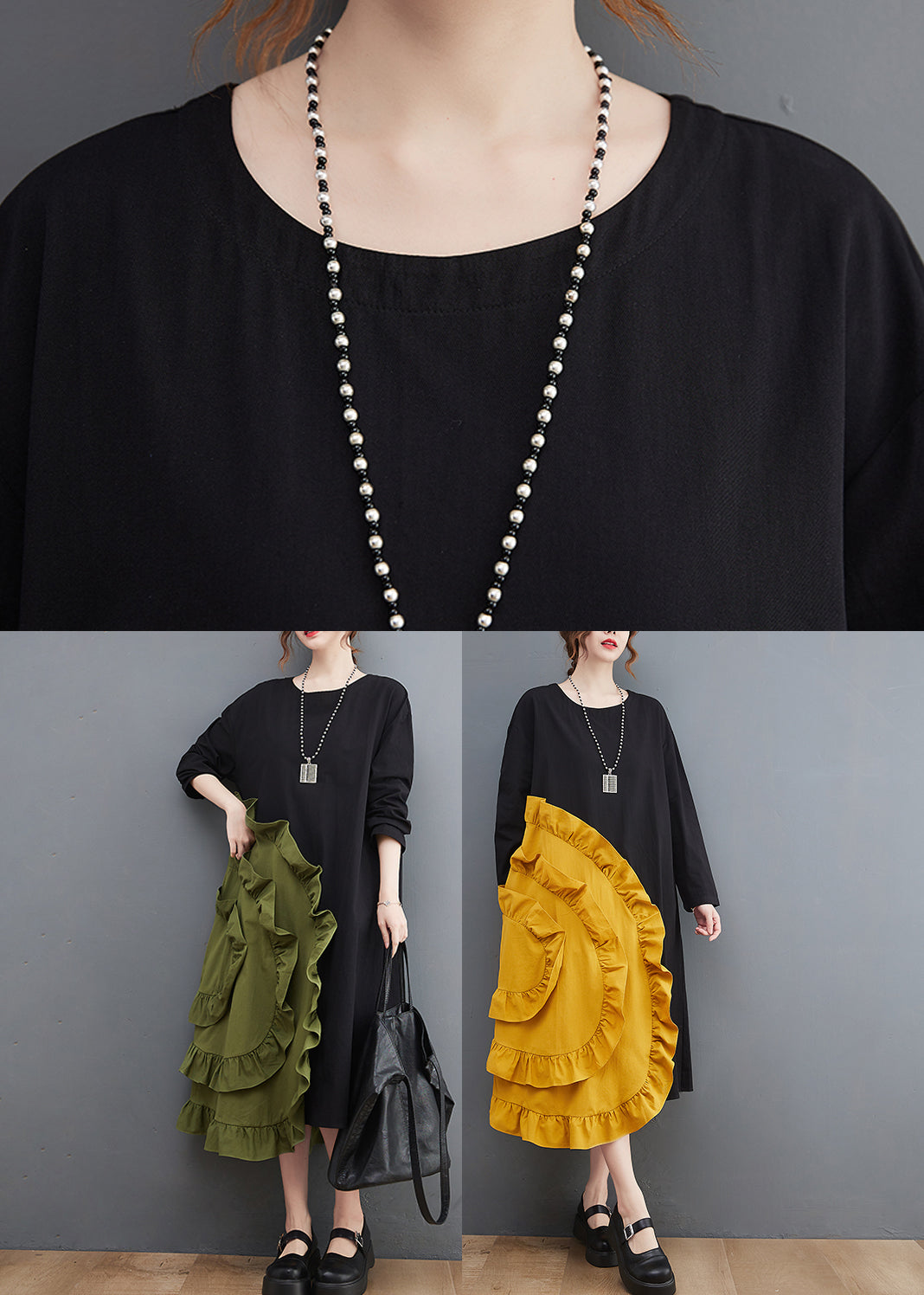 Yellow Loose Maxi Dresses Wrinkled Ruffles Long Sleeve - Omychic