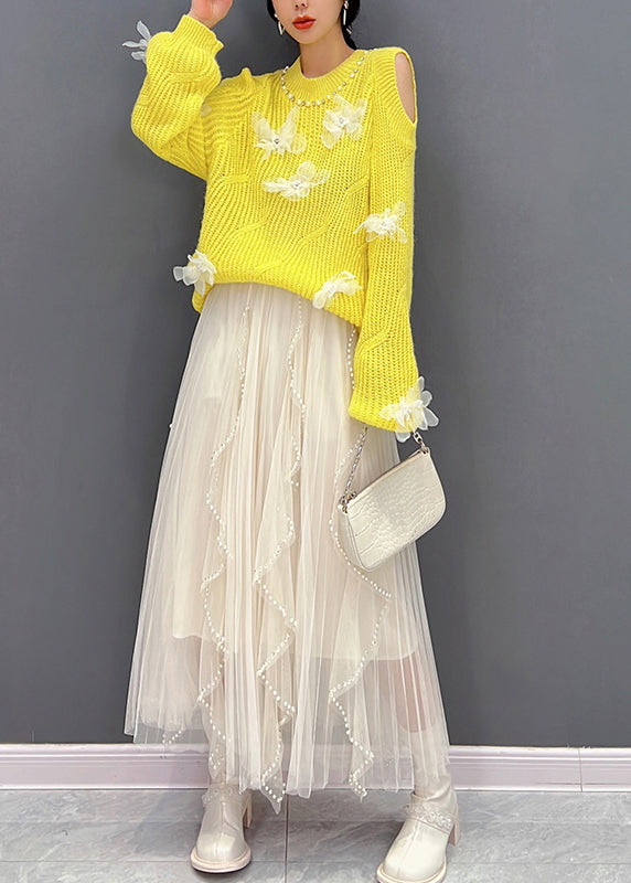 Yellow O-Neck Knit Top And Tulle Maxi Skirts Two Pieces Set Fall