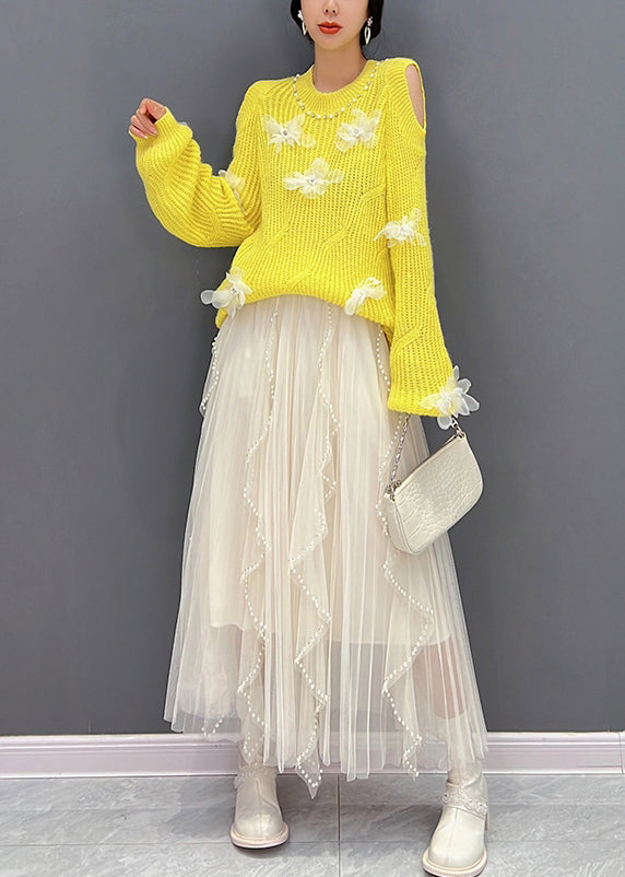 Yellow O-Neck Knit Top And Tulle Maxi Skirts Two Pieces Set Fall