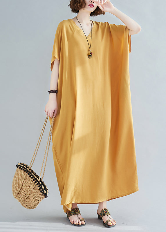 Yellow Original Design Cotton Holiday Dress V Neck Short Sleeve