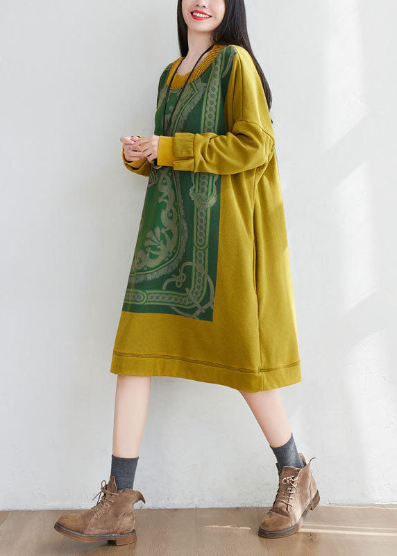 Yellow Patchwork Cotton Loose Sweatshirt Dress O-Neck Print Spring