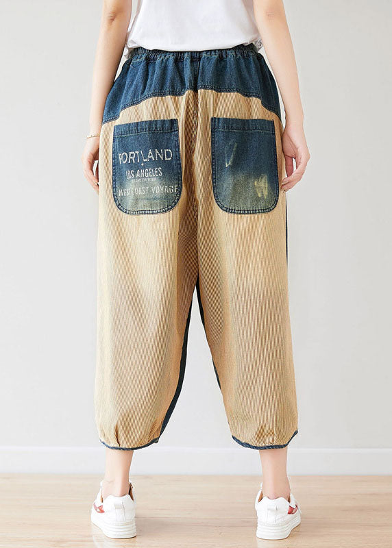 Yellow Patchwork Cotton Pants Ripped Elastic Waist Spring