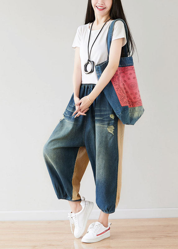 Yellow Patchwork Cotton Pants Ripped Elastic Waist Spring