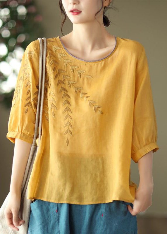 Yellow Patchwork Cotton Top O Neck Embroideried Summer