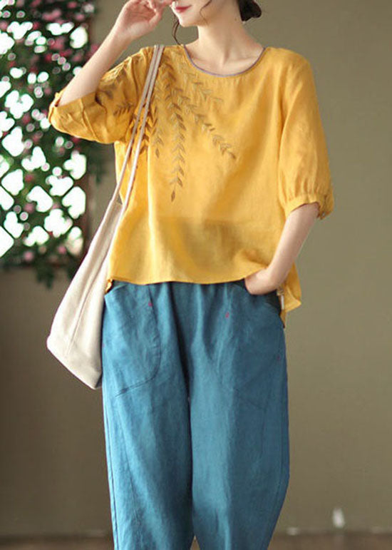 Yellow Patchwork Cotton Top O Neck Embroideried Summer