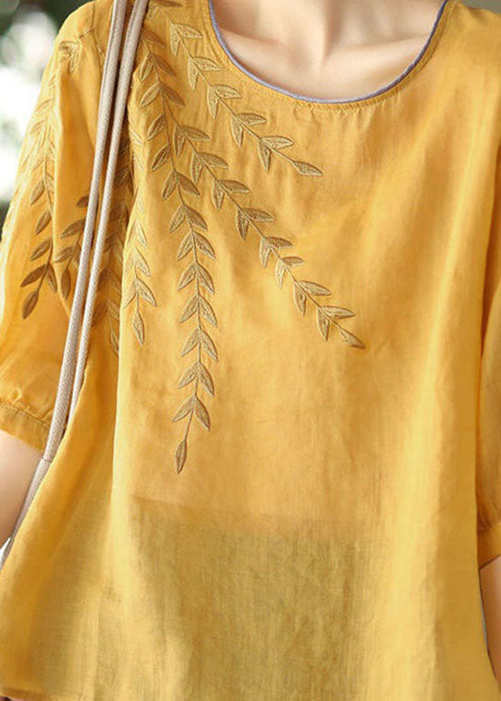 Yellow Patchwork Cotton Top O Neck Embroideried Summer
